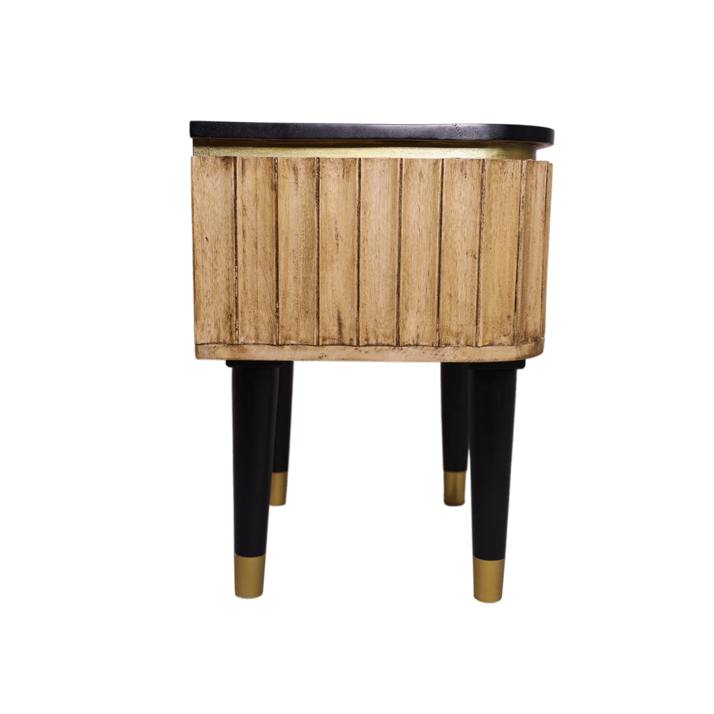 Panelled Wood Curved One Drawer Bedside Table side view, black legs with brass detailing 