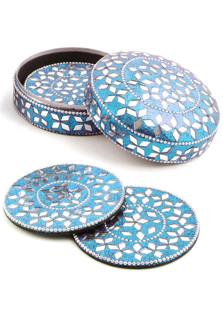 4 Sparkly Blue Coasters in Matching Storage Tin