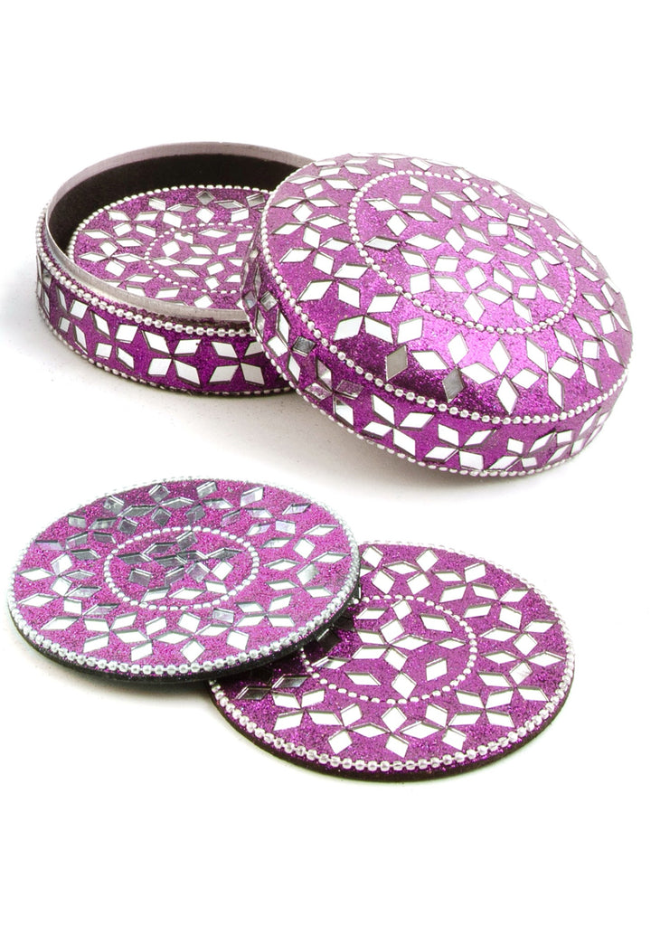 4 Sparkly Purple Coasters in Matching Storage Tin