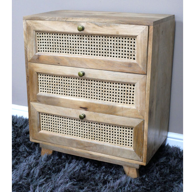 Acacia Wood & Rattan Three Drawer Bedside Cabinet angled view