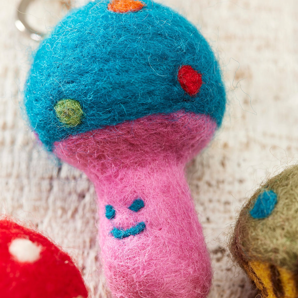 Assorted Colour Felt Smiley Mushroom Keyring blue and pink