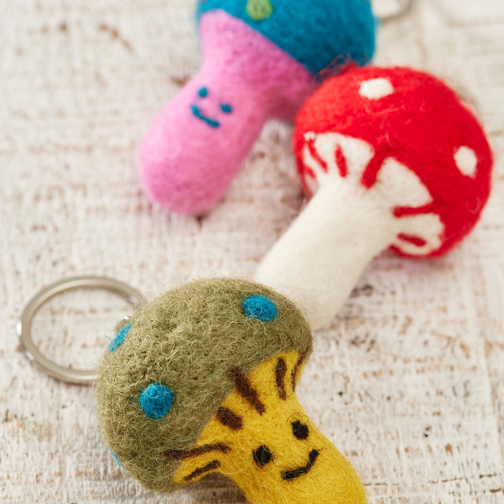 Assorted Colour Felt Smiley Mushroom Keyring - green, blue and pink, red and cream