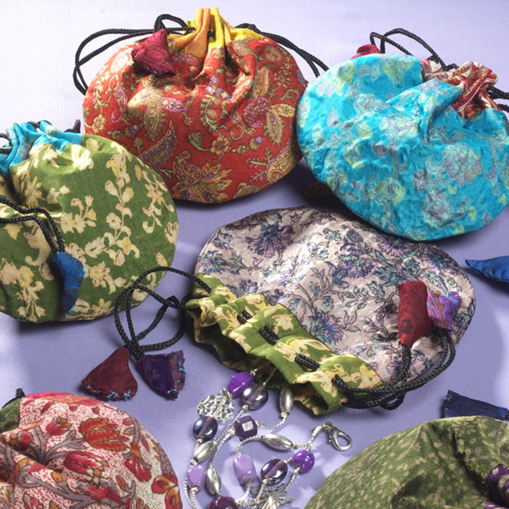 Assorted Pattern Sari Drawstring Bag