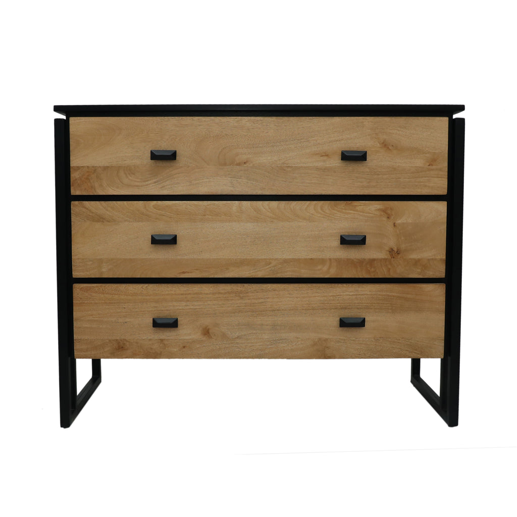Black Metal Frame Wooden Chest of Drawers front view - mango wood