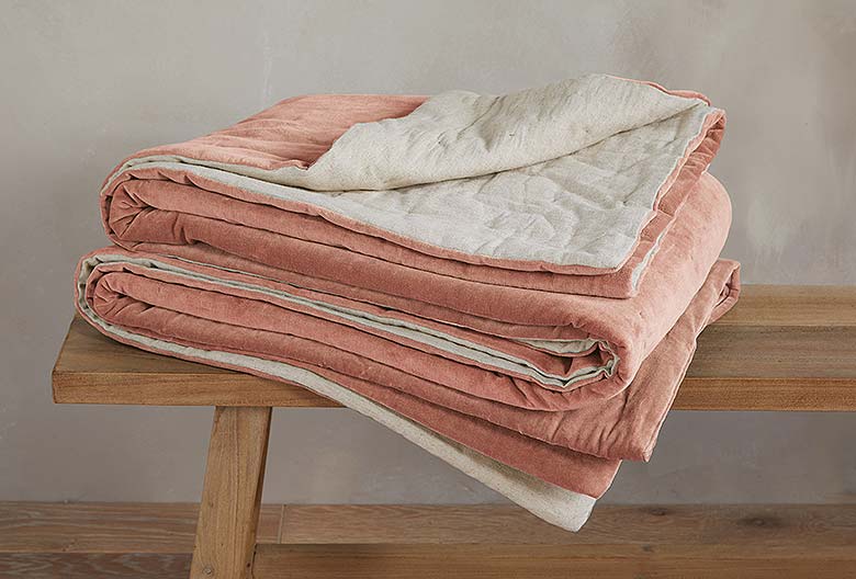 Blush Cotton Velvet Bedcover folded