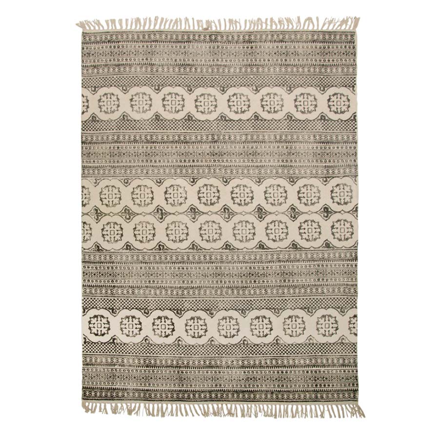Chenille Block Print Rug With Tassels Charcoal