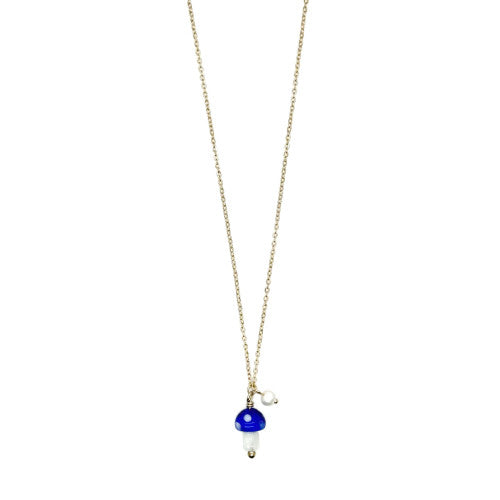 Colourful Glass Mushroom & Pearl Gold Necklace Dark Blue