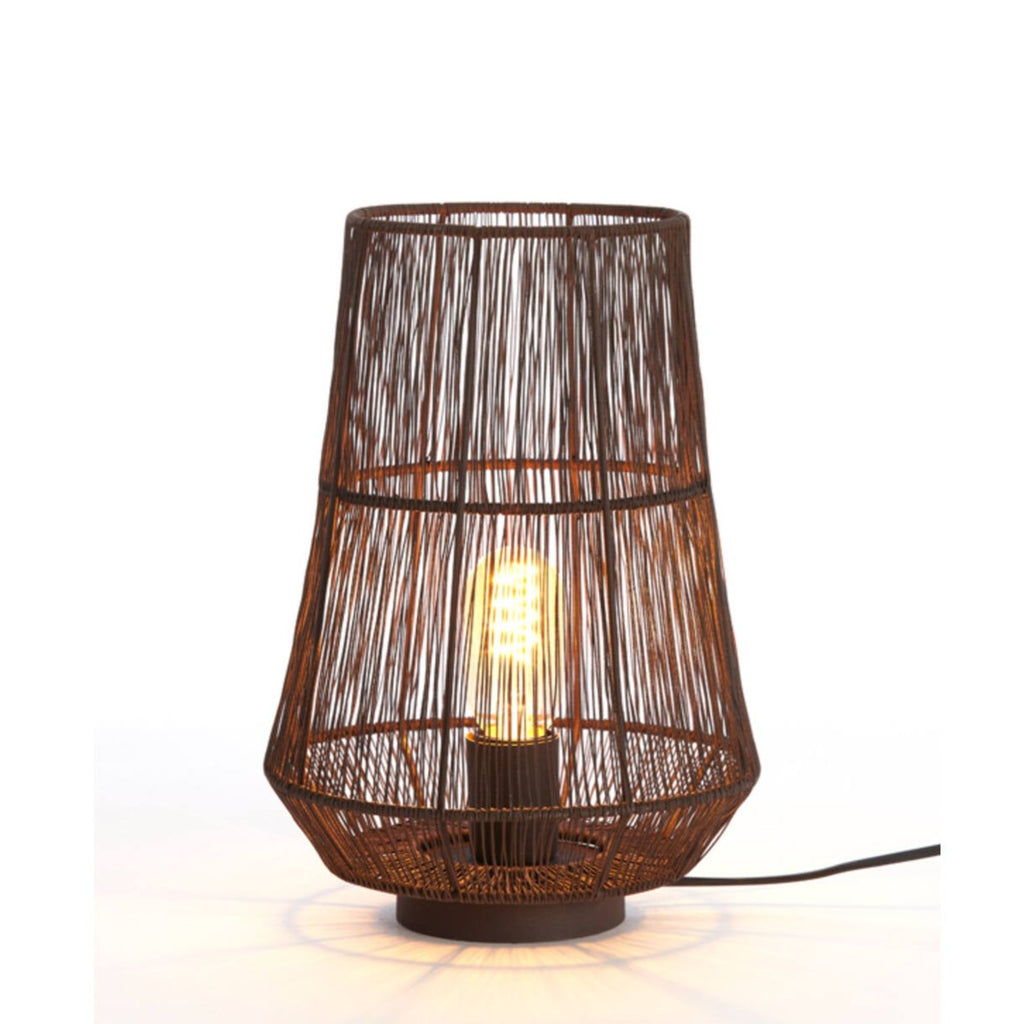 Dark Brown Wire Cage Cylindrical Table Lamp  lit with bulb