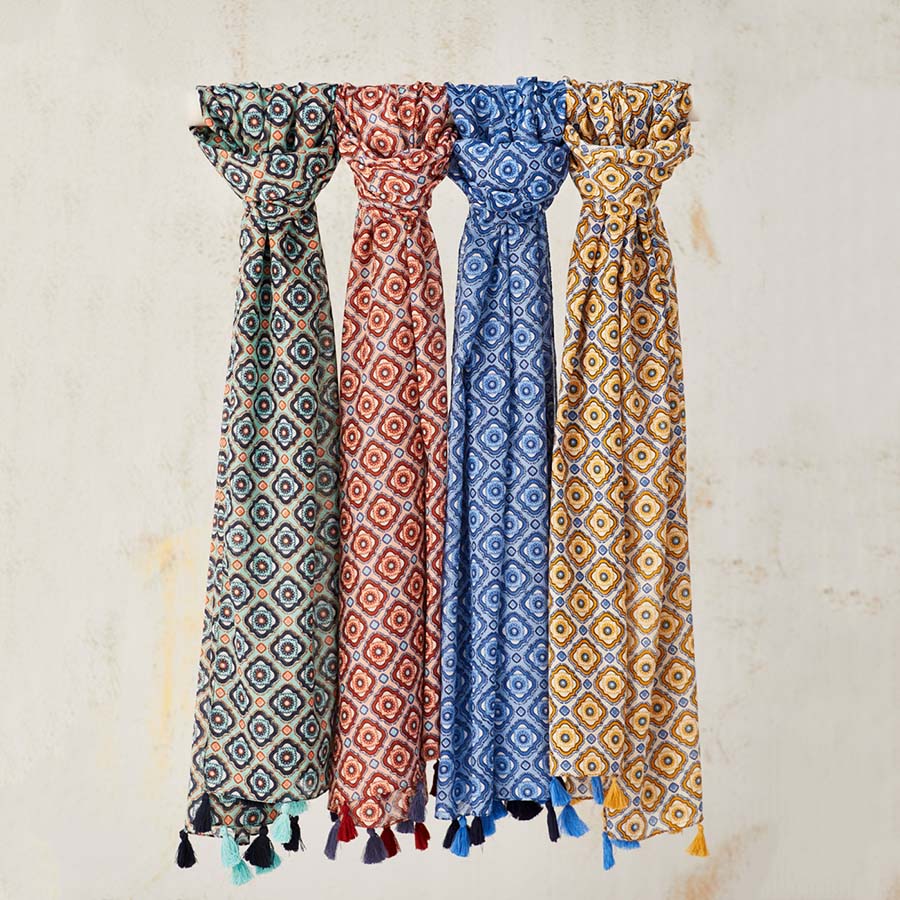 Diamond Pattern Cotton Scarf with Tassels agua, blue, yellow and red sold individually