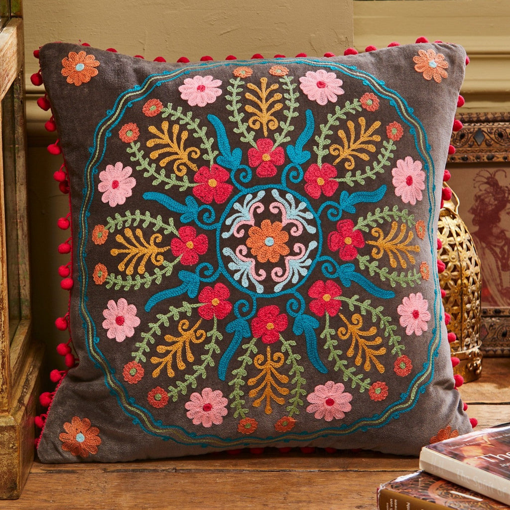 Embroidered Cotton Velvet Square Cushions