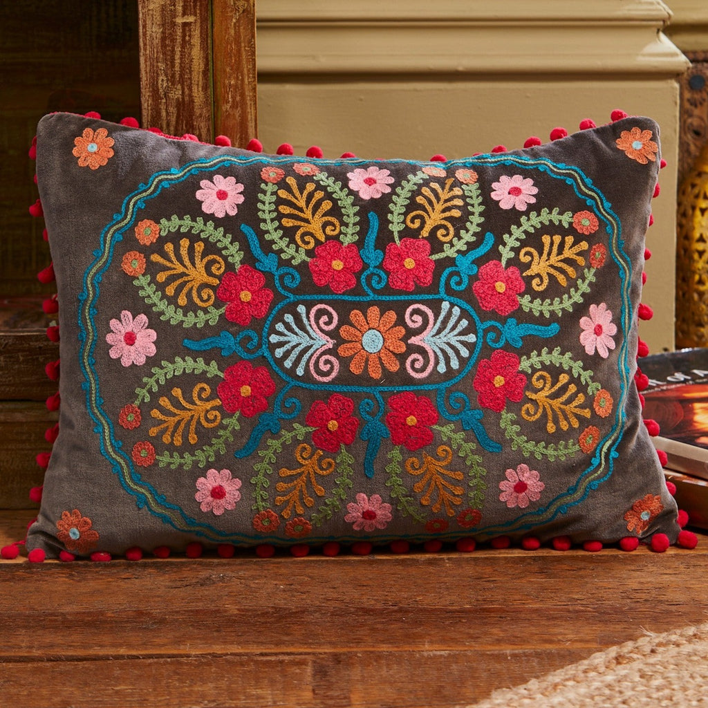 Embroidered Velvet Cushion with Pom Pom Edge