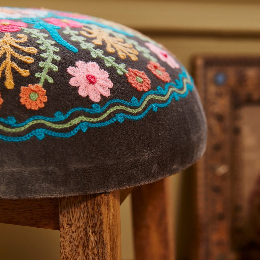 Embroidered Velvet Topped Stool with Wooden Legs