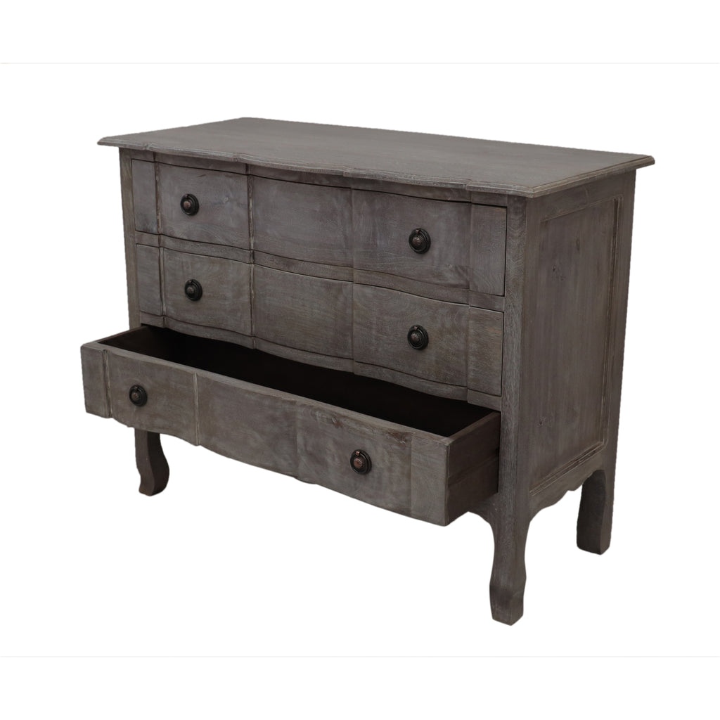 French Style Ash Finish Chest of 3 Drawers angled with bottom drawer open