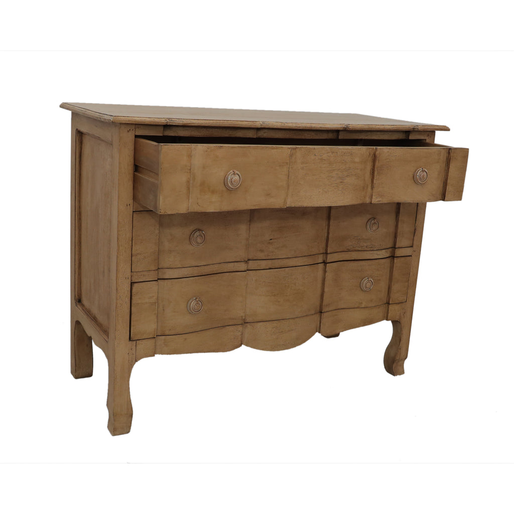 French Style Light Chest of 3 Drawers grizzled side angle open drawers