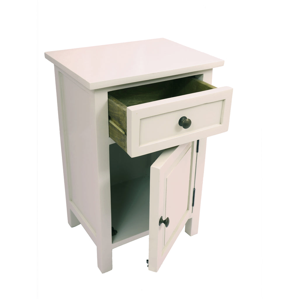 French Style Light Grey Bedside Table side view open cupboard and drawer