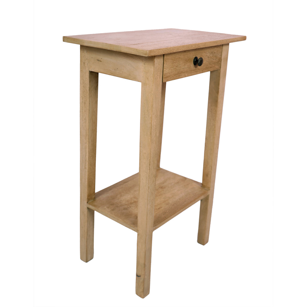 French Style Wooden Side Table angled view - one drawer one shelf mango wood