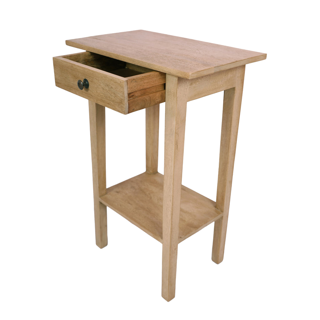French Style Wooden Side Table angled view and open drawer - one drawer one shelf mango wood
