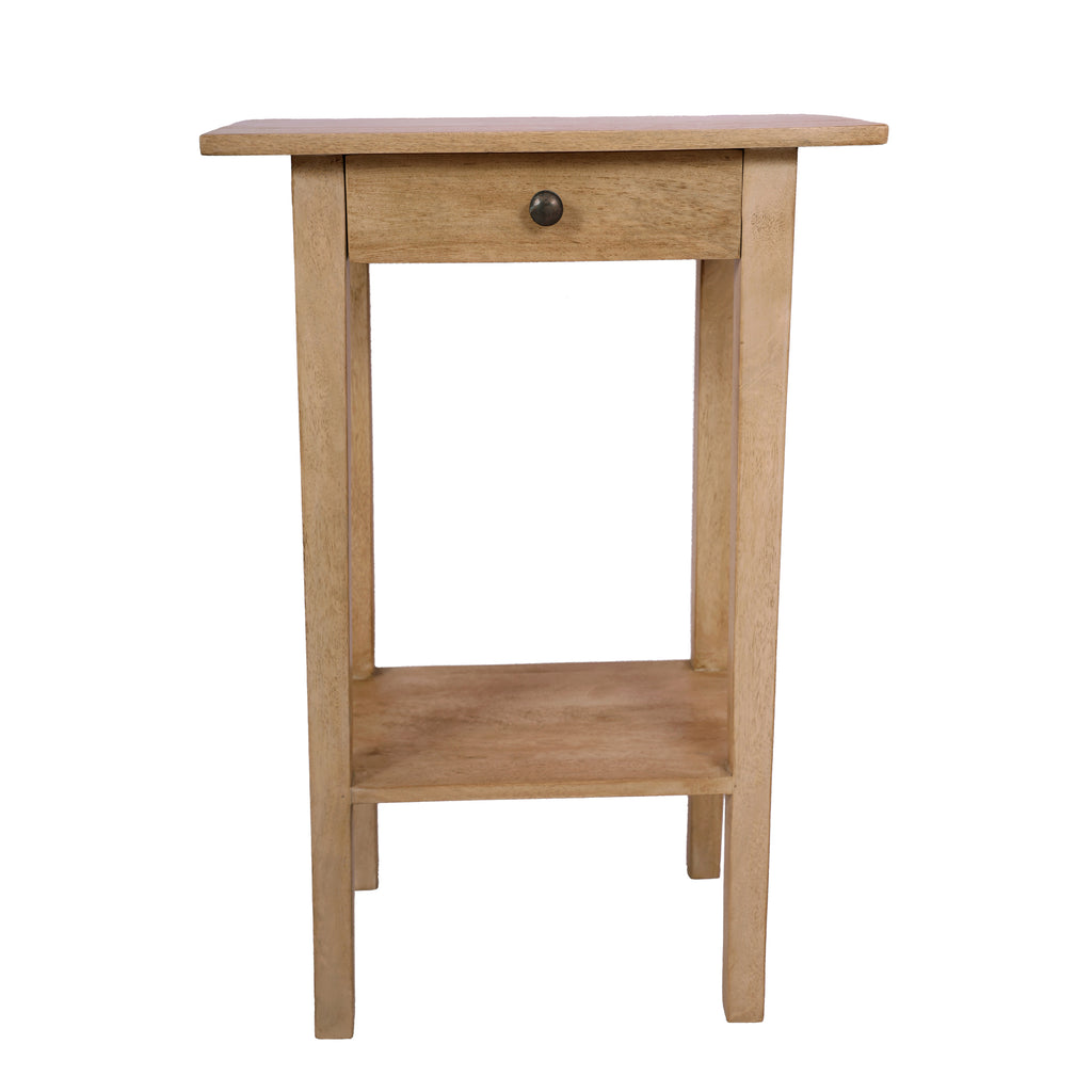 French Style Wooden Side Table front view - one drawer one shelf mango wood