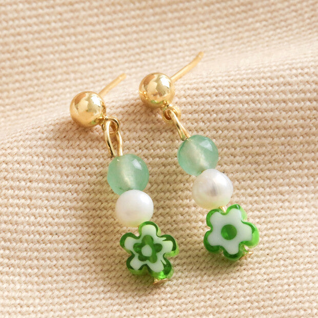Green Flower Bead Gold Small Drop Earrings