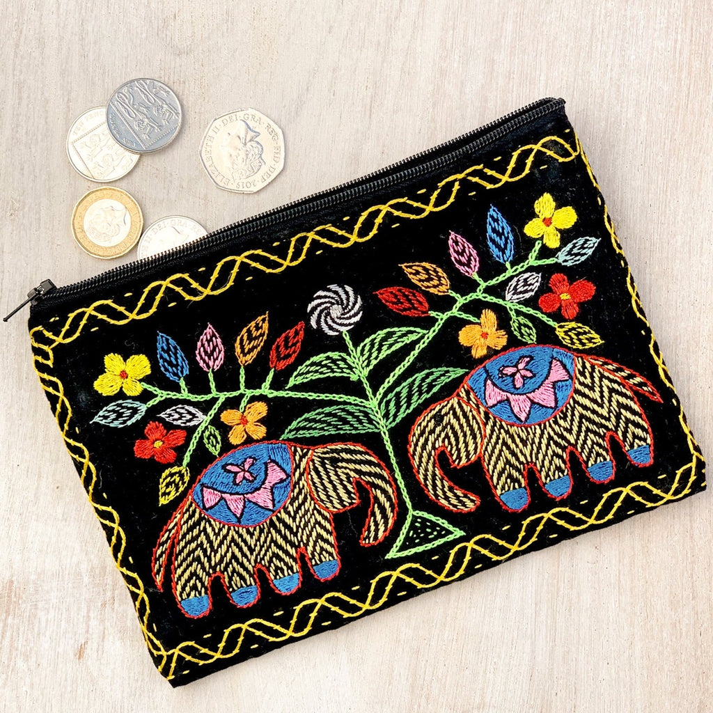 Hand Embroidered Elephant Black Coin Pouch