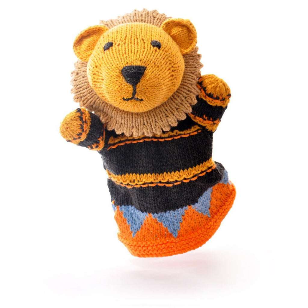 Hand Knitted Lion In Jumper Hand Puppet