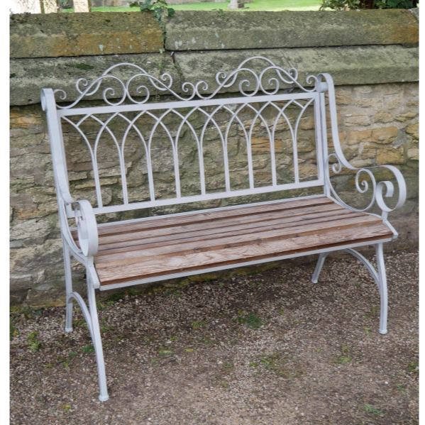 Iron & Fir Wood Grey Outdoor Bench angled view