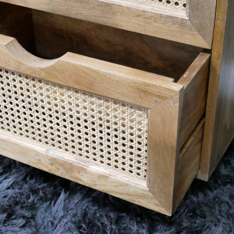 Light Rattan Front Two Drawer Bedside Cabinet close up open drawer