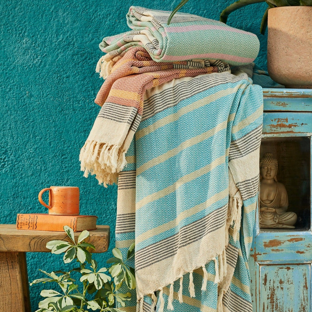 Malabar Woven Bed Cover With Tassels Peppermint green, blue, or terracotta