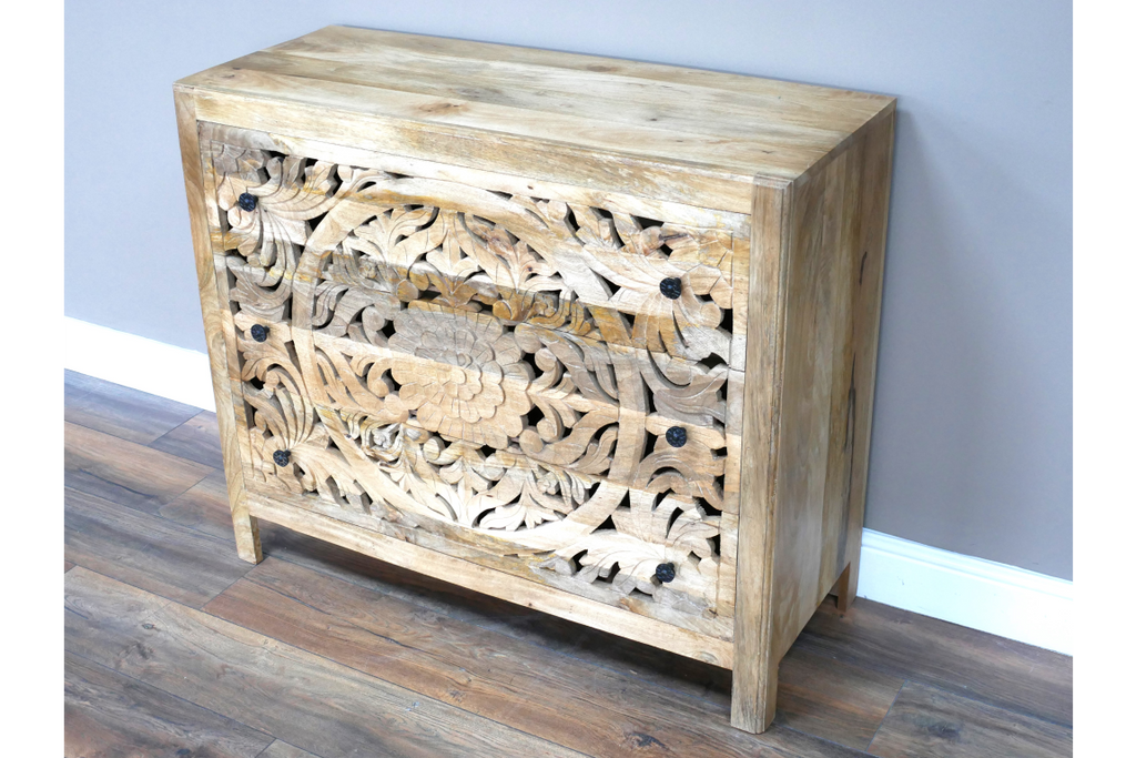 Mango Wood Carved Small Chest Of Drawers side view