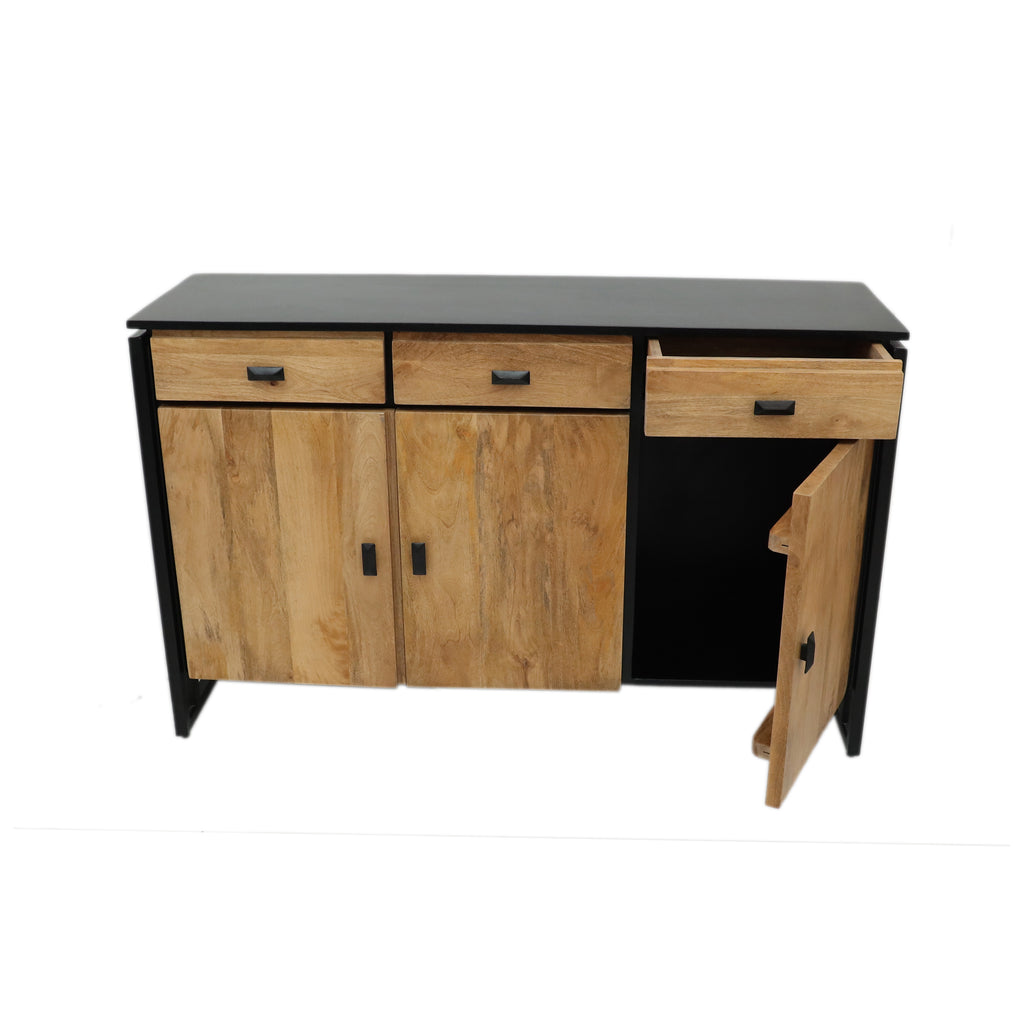Metal Framed Wooden Large Sideboard open drawer and open cupboard