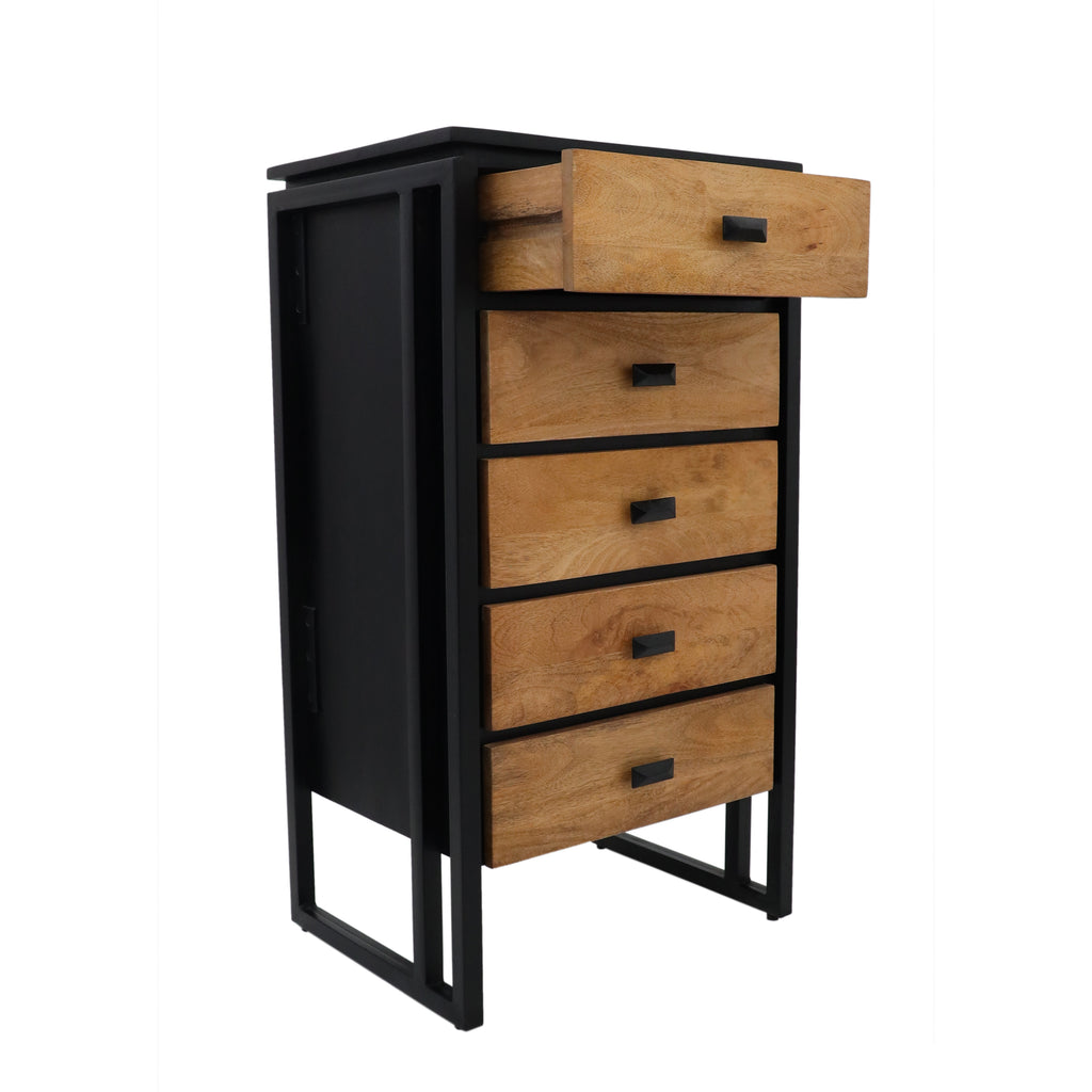 Metal Framed Wooden Tall Chest of Drawers mango wood angled view open drawer