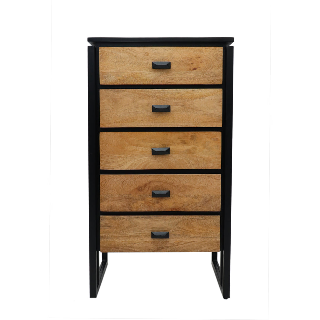 Metal Framed Wooden Tall Chest of Drawers mango wood front view