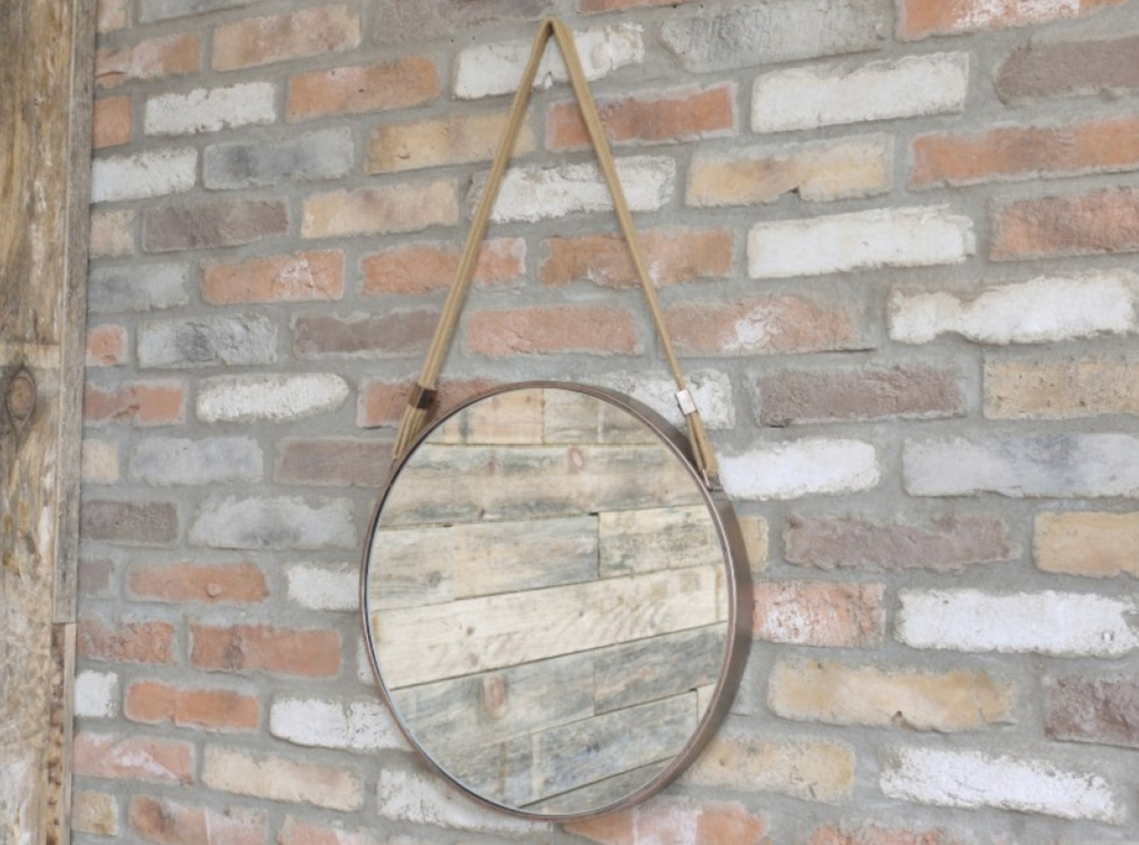 Metal Round Hanging Mirror with Braided Strap