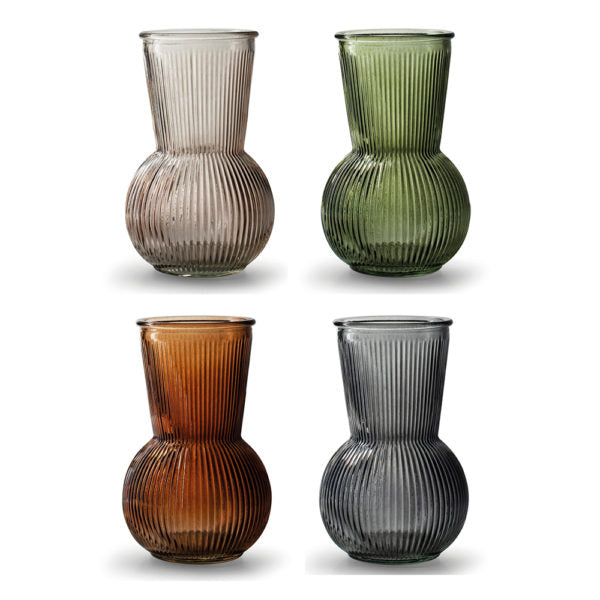 Mini Wide Neck Coloured Ribbed Glass Vase Stone, Moss Green, Amber or Slate Grey