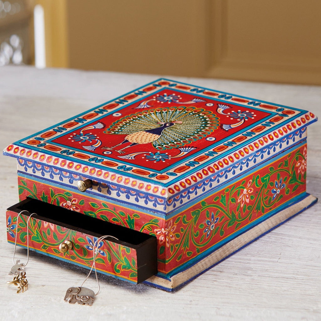 One Drawer Wooden Peacock Design Jewellery Box