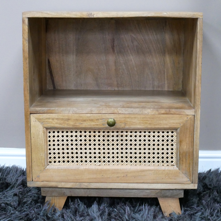 One Drawer & One Shelf Teak and Rattan Bedside Table