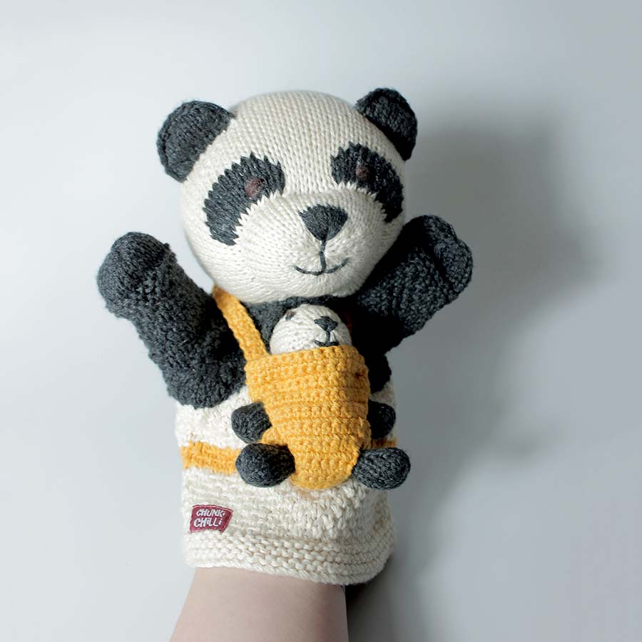 Hand Knitted Panda Pocket Puppet With Baby