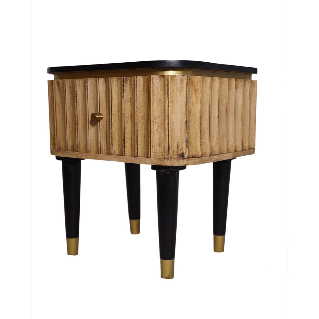 Panelled Wood Curved One Drawer Bedside Table angled view, black legs with brass detailing