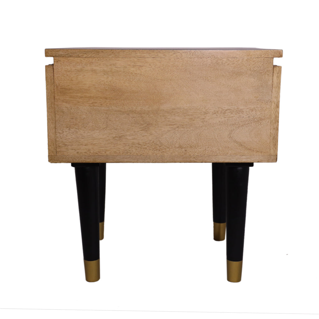 Panelled Wood Curved One Drawer Bedside Table back view, black legs with brass detailing