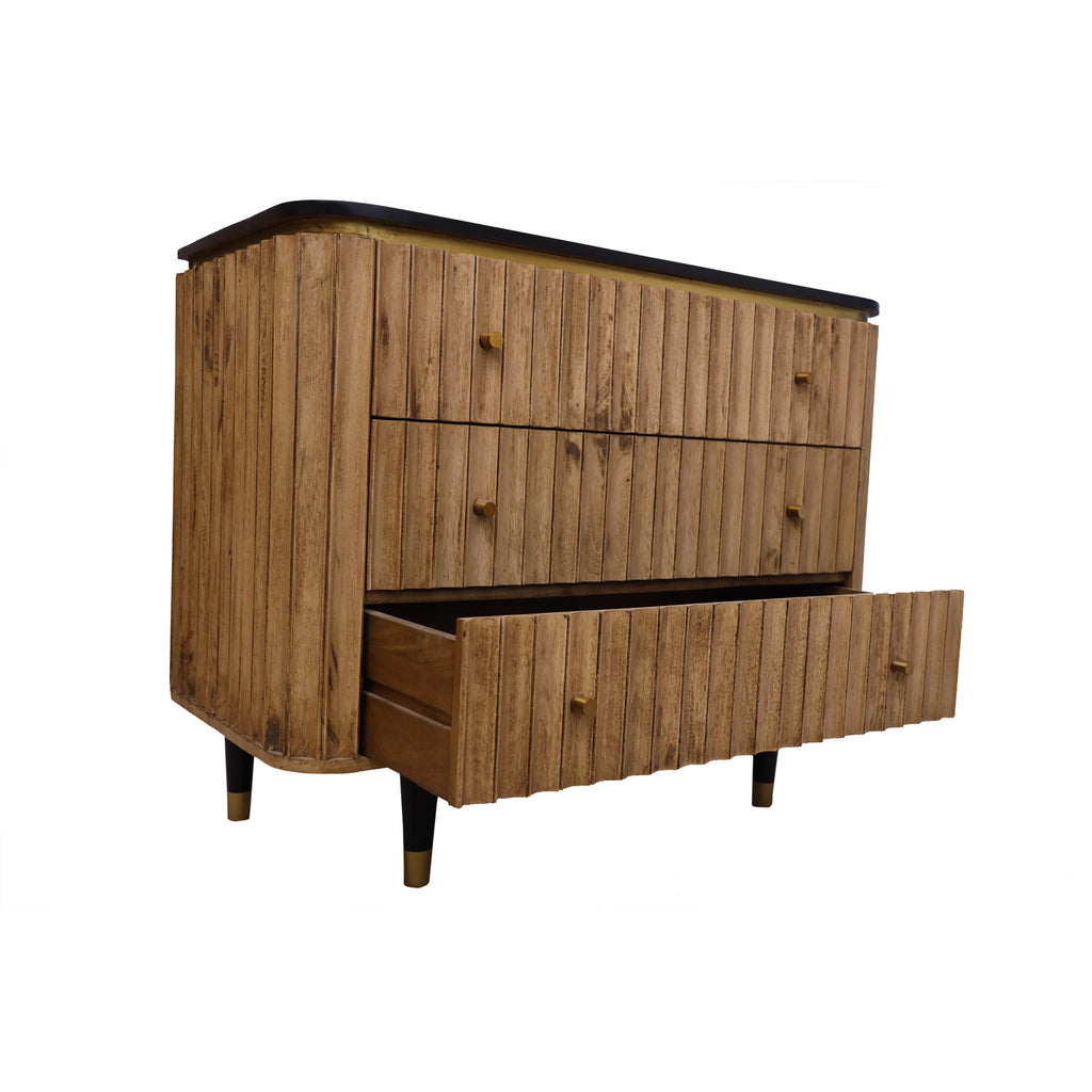 Panelled Wood & Metal Curved Edge 3 Drawer Chest angled view with open drawers , mango wood and metal