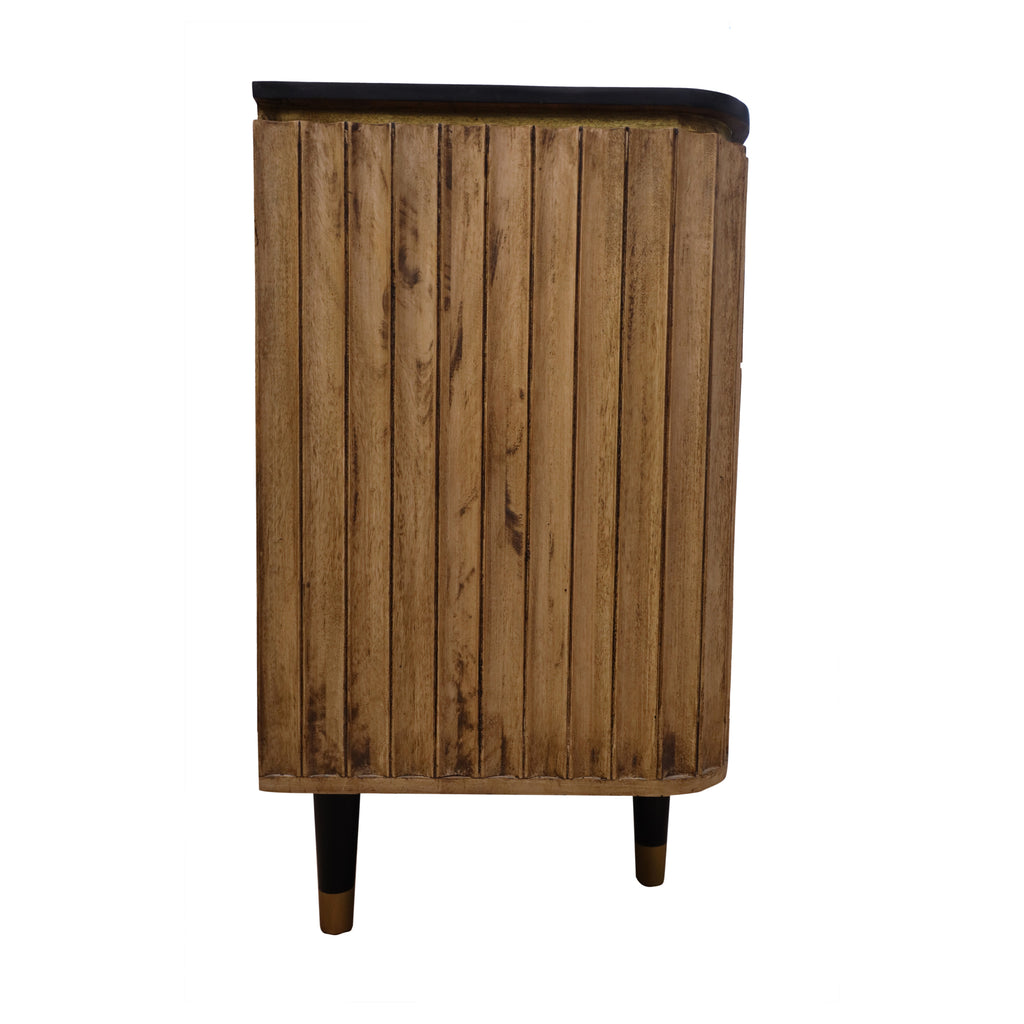 Panelled Wood & Metal Curved Edge 3 Drawer Chest side view, mango wood and metal