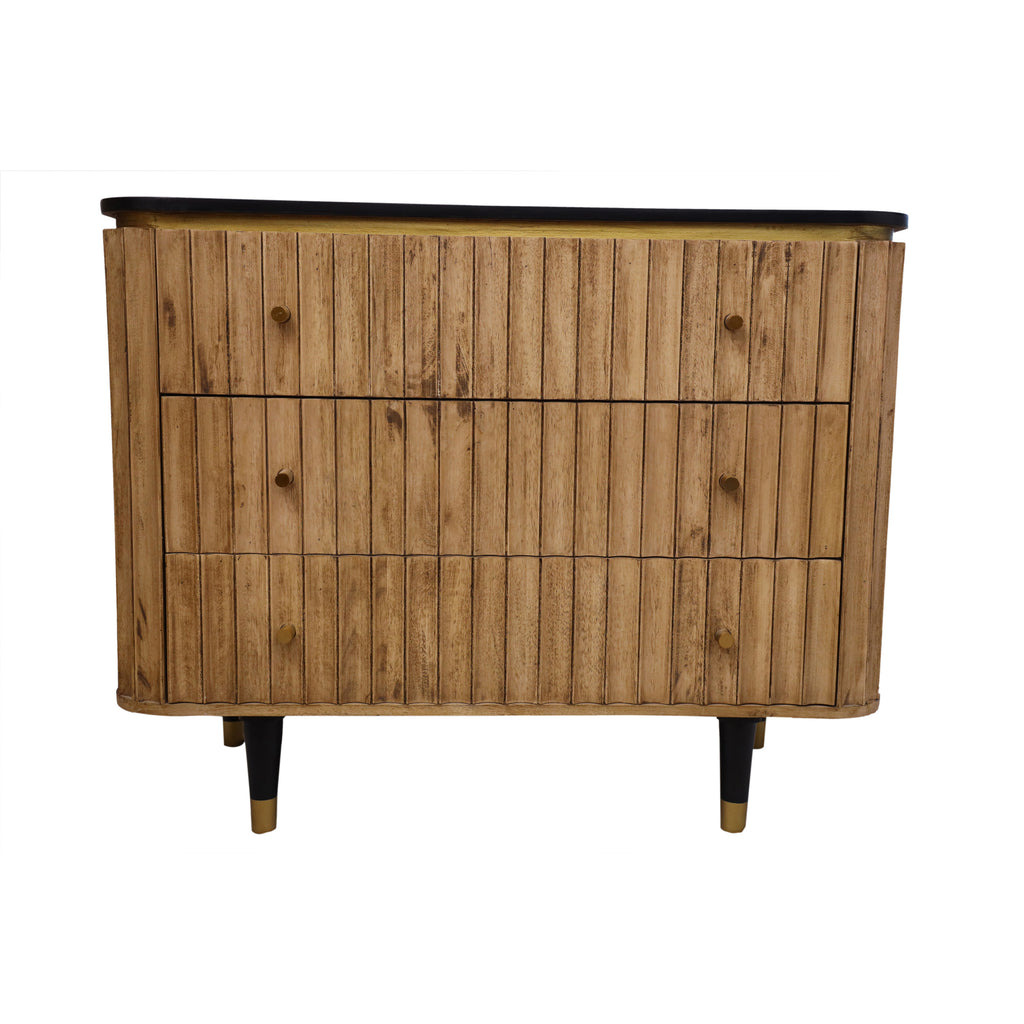 Panelled Wood & Metal Curved Edge 3 Drawer Chest front view, mango wood and metal