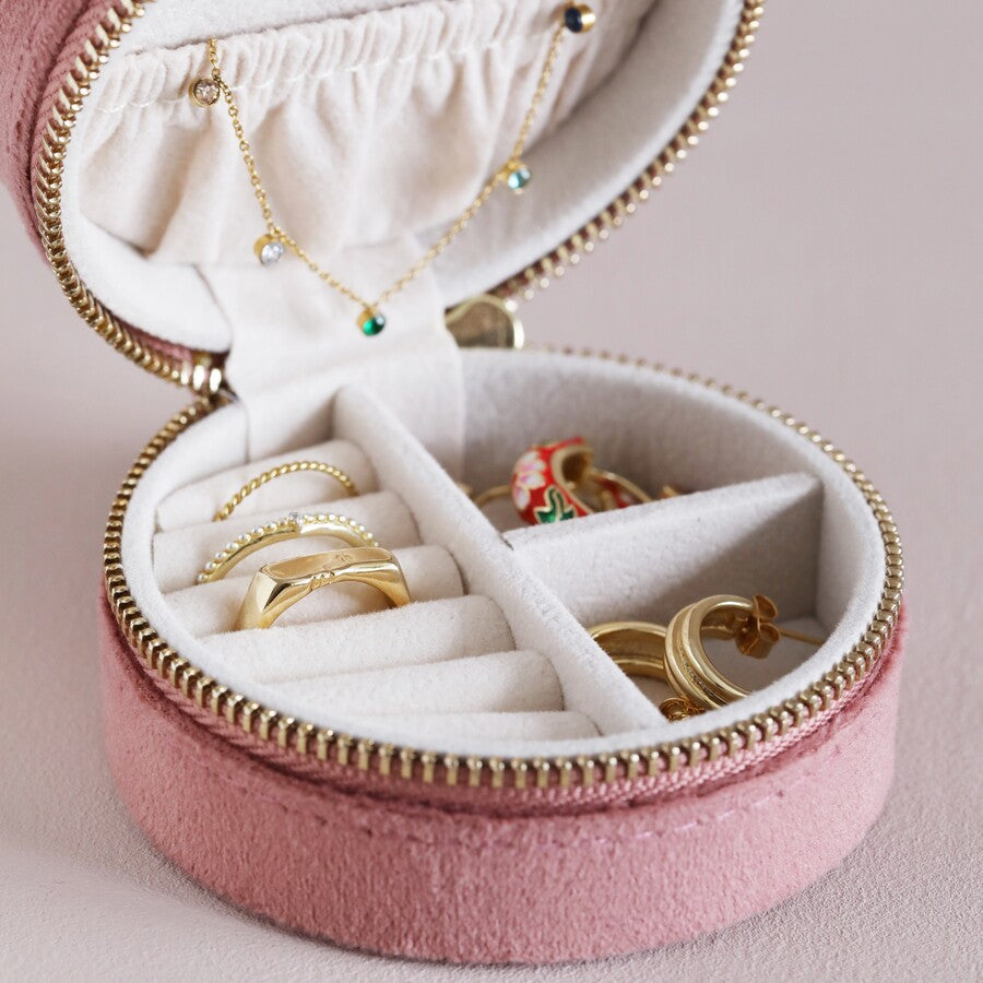Pastel Tone Velvet Round Jewellery Case inside ring roll and two divided sections