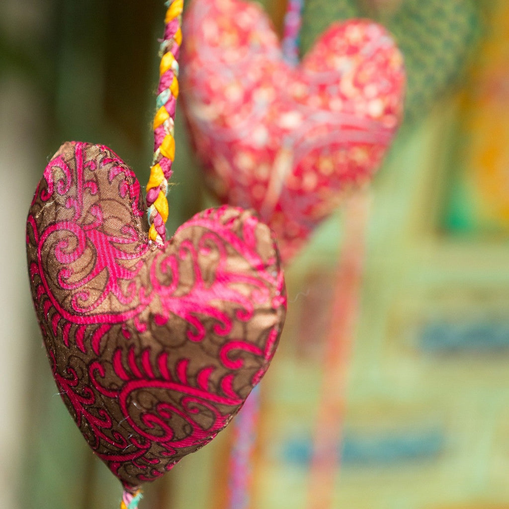 Recycled Sari Hanging Hearts Garland close up