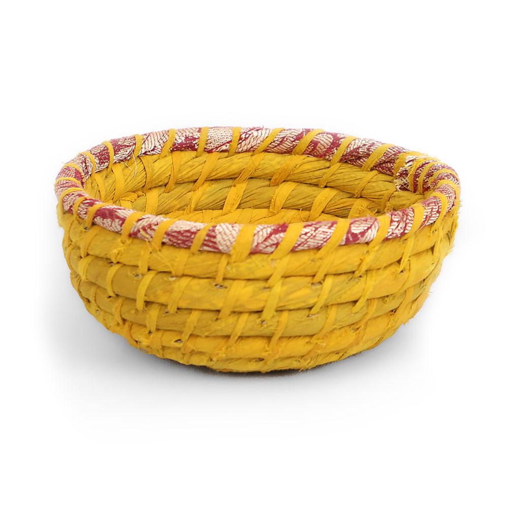 Recycled Sari Material Round Basket Yellow small