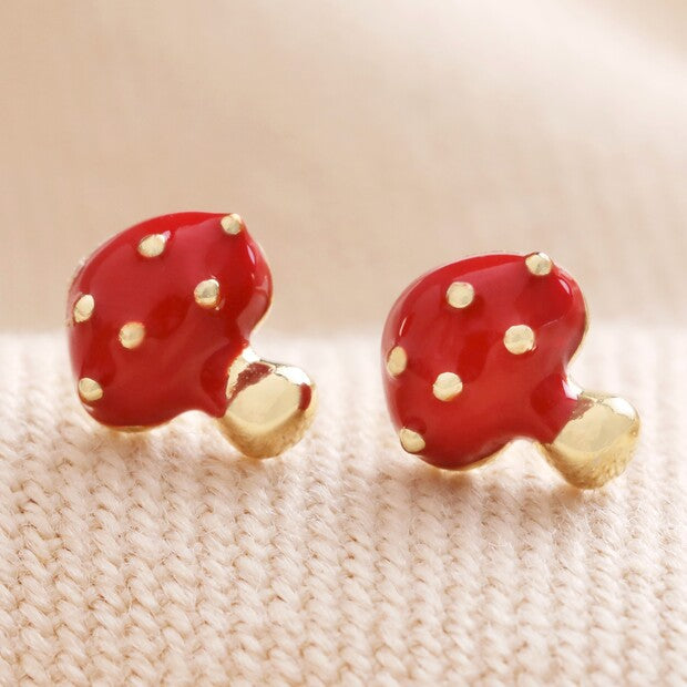 Red Enamel Mushroom Gold Stud Earrings