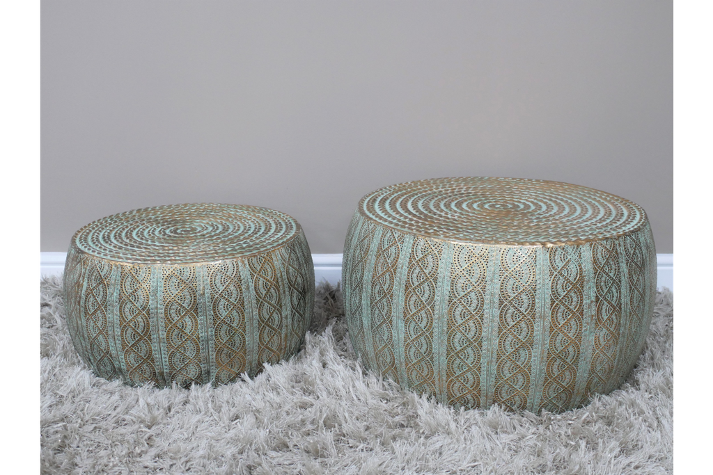 Round Brass & Blue Tone Intricate Detail Side Table - 2 sizes