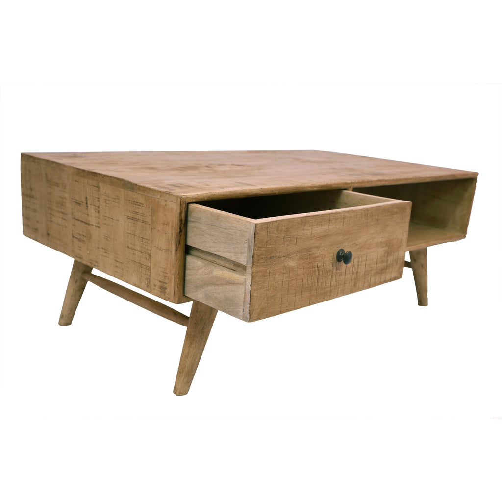 Scandinavian Style One Drawer Coffee Table side view - open drawer 
