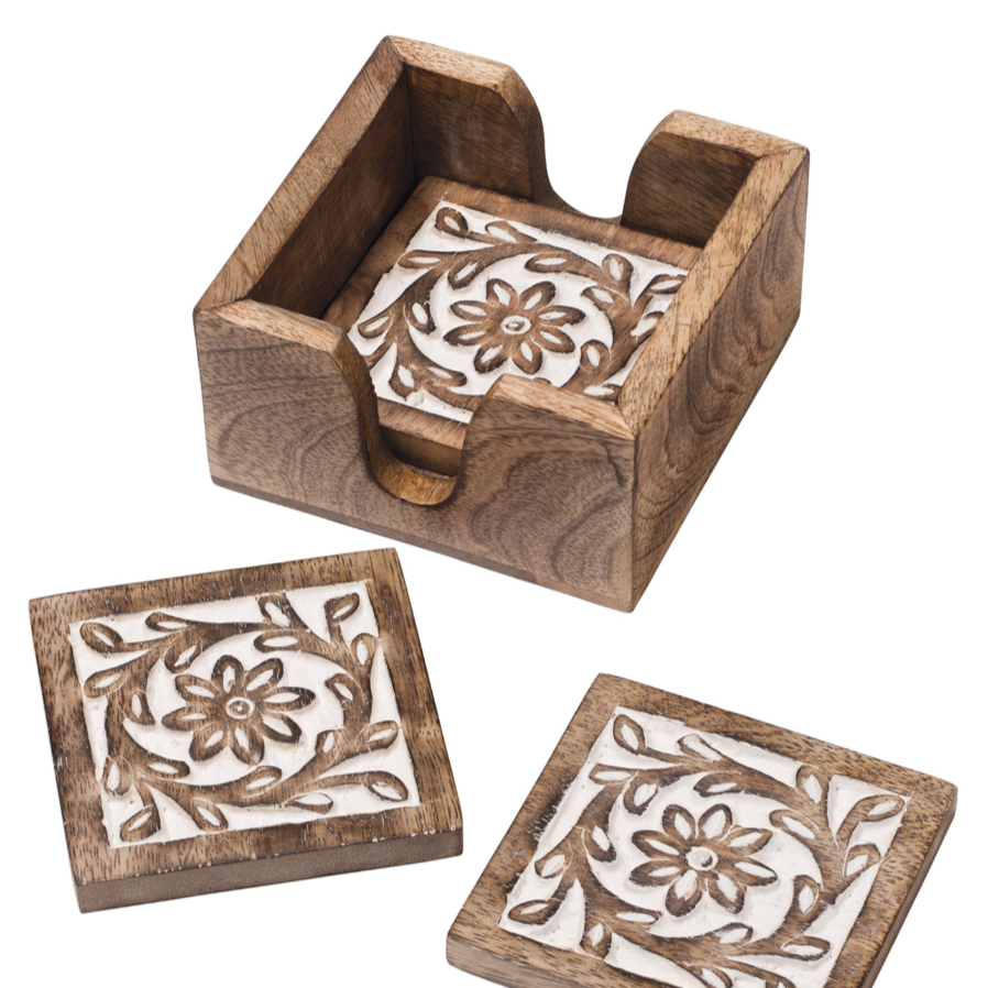 Set of 4 Daisy Carved Wooden Coasters & Holder