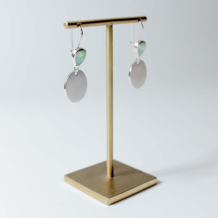 Silver Drop Shape Glass & Brushed Metal Circle Earrings Green